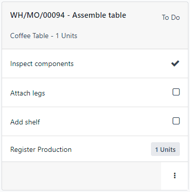 A work order card on a work center page in the Shop Floor module.