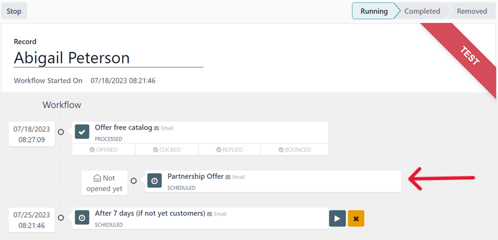 Workflow test progress in Cobuild Marketing Automation.
