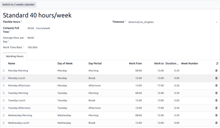 The working hours form for Standard 40 hours/week.